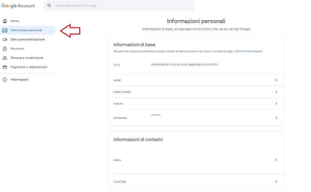 Rimuovere informazioni personali su Google Account